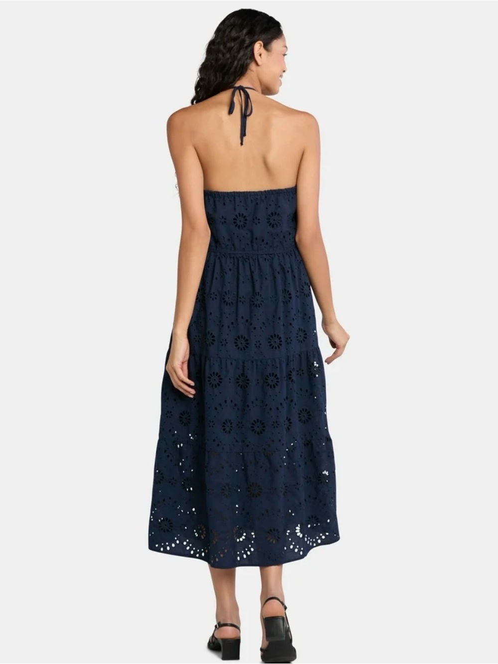 Time and Tru Navy Eyelet Backless Halter Midi Dress